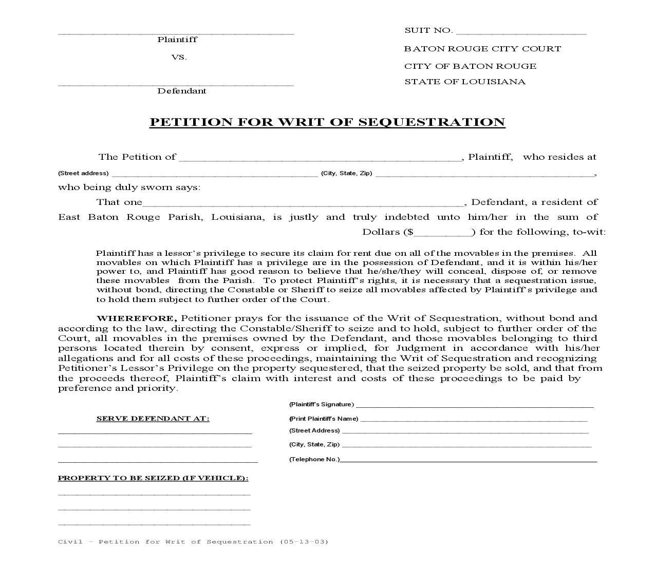 Petition For Writ Of Sequestration | Pdf Fpdf Doc Docx | Louisiana