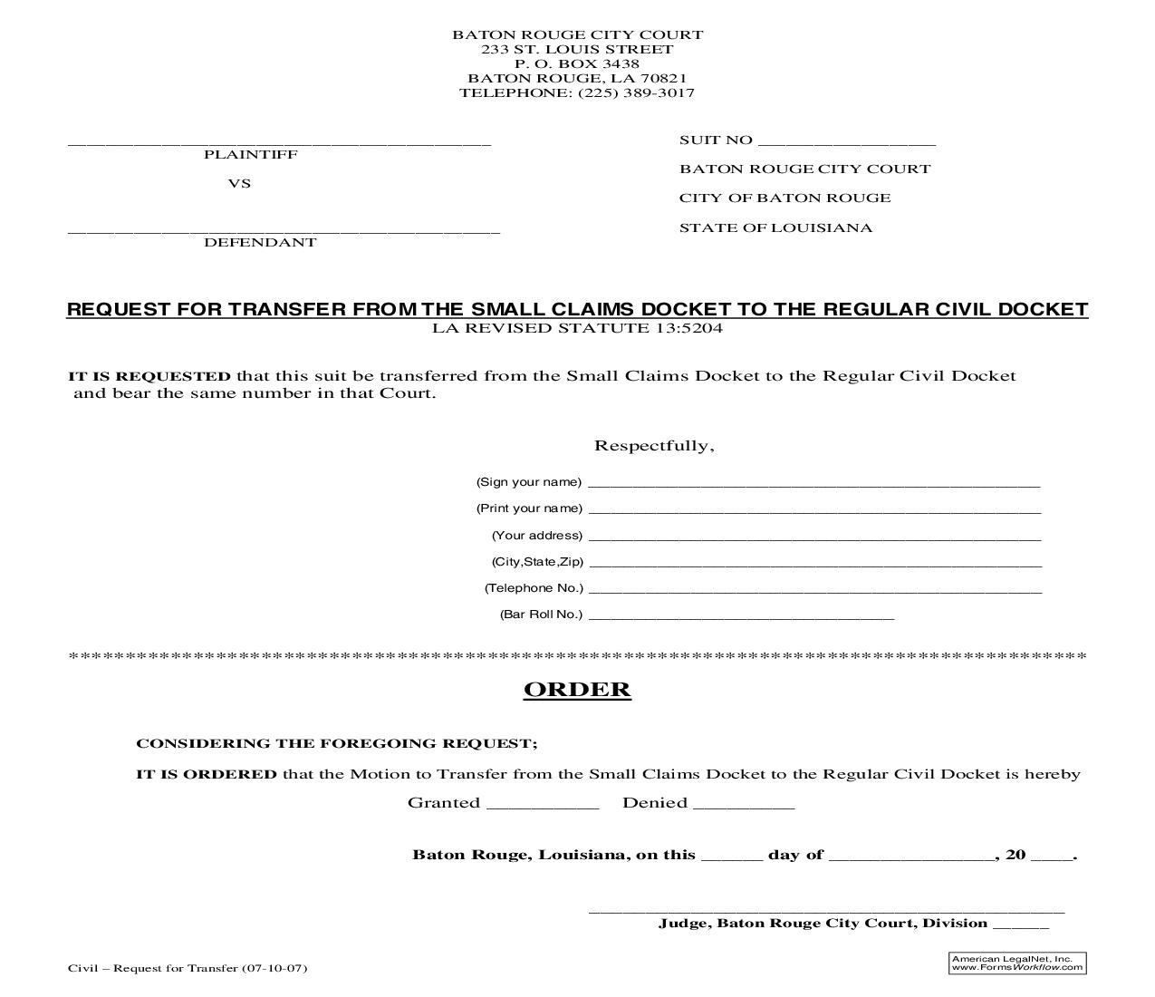 Request For Transfer From Small Claims Docket To Regular Civil Docket | Pdf Fpdf Doc Docx | Louisiana