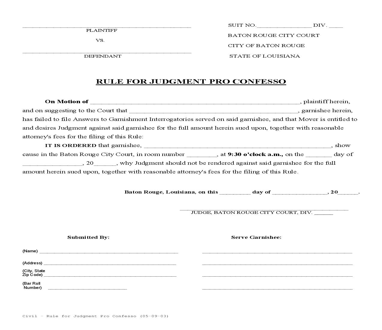 Rule For Judgment Pro Confesso | Pdf Fpdf Doc Docx | Louisiana