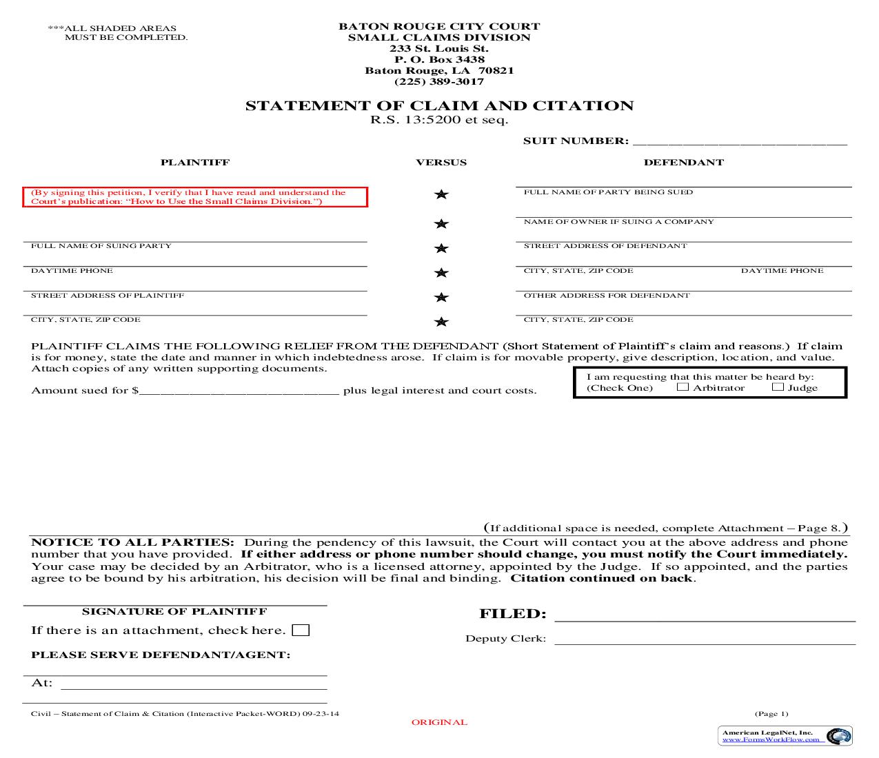 Statement Of Claim And Citation (Small Claims Packet) | Pdf Fpdf Doc Docx | Louisiana