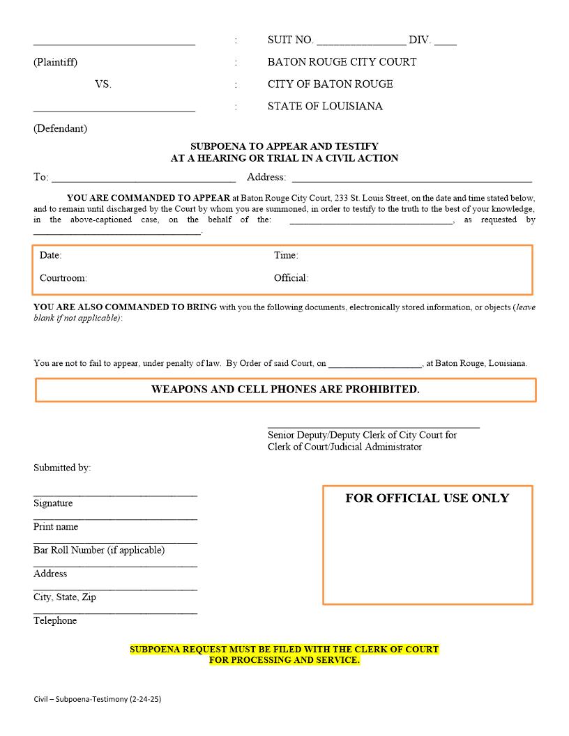 Subpoena To Appear And Testify At Hearing Or Trial In Civil Action | Pdf Fpdf Doc Docx | Louisiana
