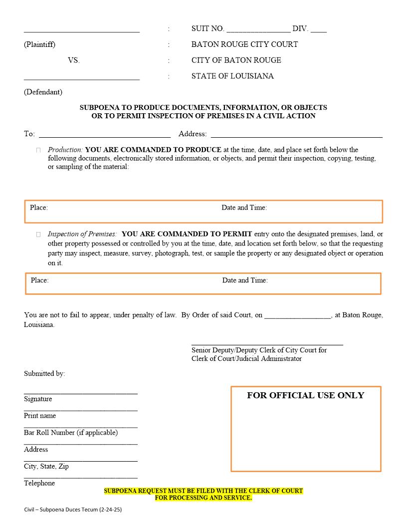 Subpoena To Produce Documents Information Objects Or Permit Inspection (Subpoena Duces Tecum) | Pdf Fpdf Doc Docx | Louisiana