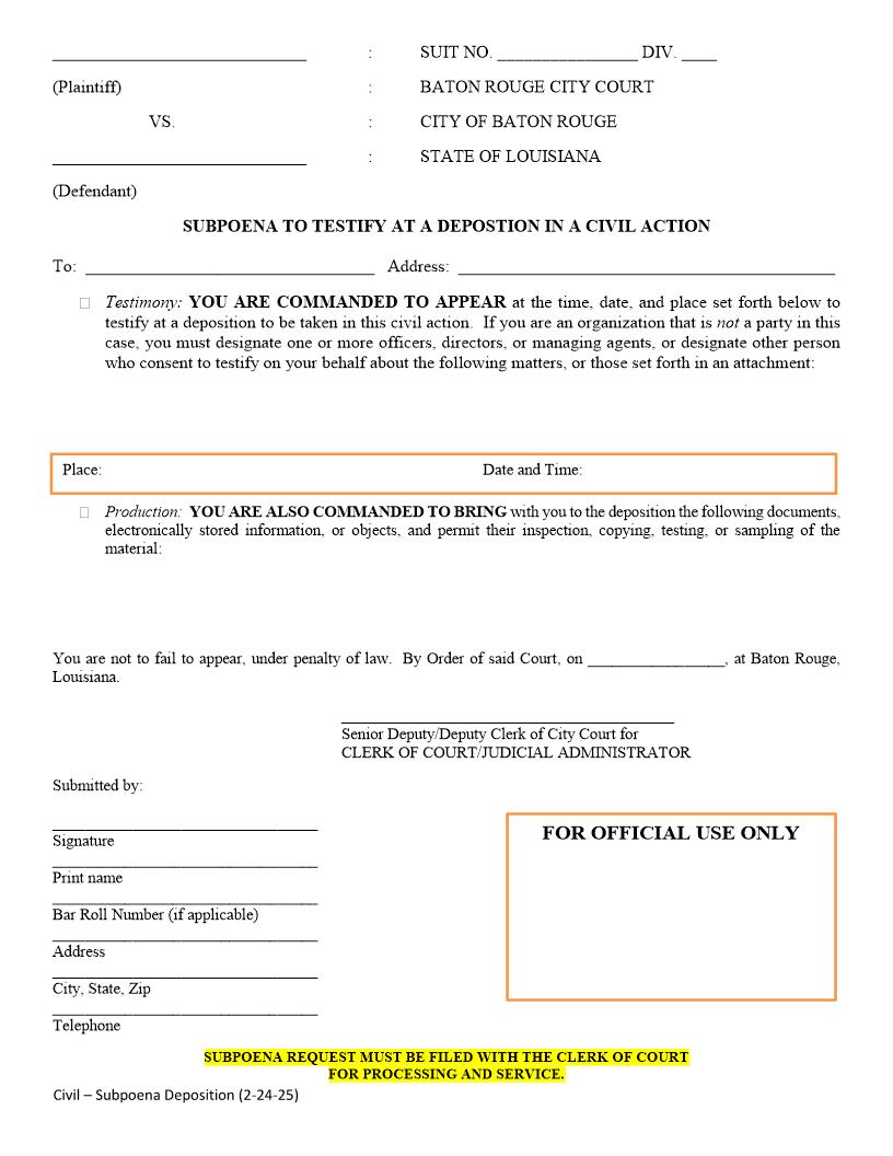 Subpoena To Testify At A Deposition In A Civil Action | Pdf Fpdf Doc Docx | Louisiana