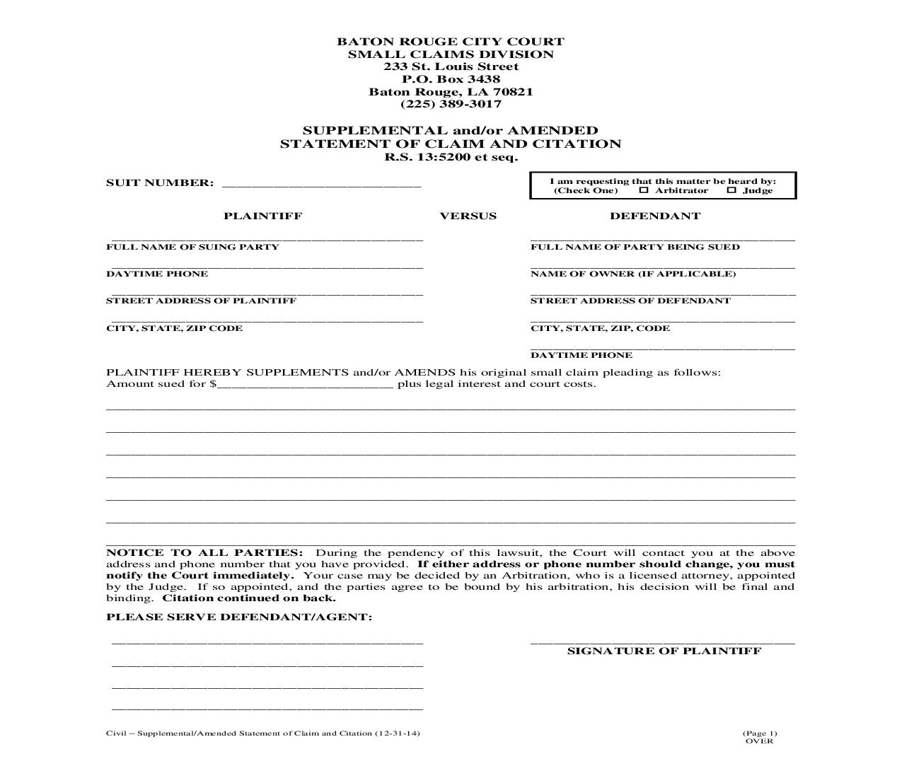 Supplemental And-Or Amended Statement Of Claim And Citation (Small Claims) | Pdf Fpdf Doc Docx | Louisiana