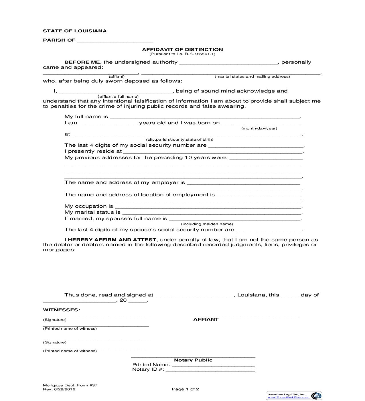 Affidavit Of Distinction With Acknowledgment {37} | Pdf Fpdf Doc Docx | Louisiana