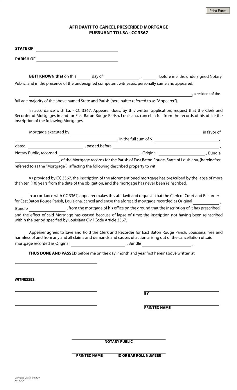 Affidavit To Cancel Prescribed Mortgage Pursuant To LSA - CC 3367 {30} | Pdf Fpdf Docx | Louisiana