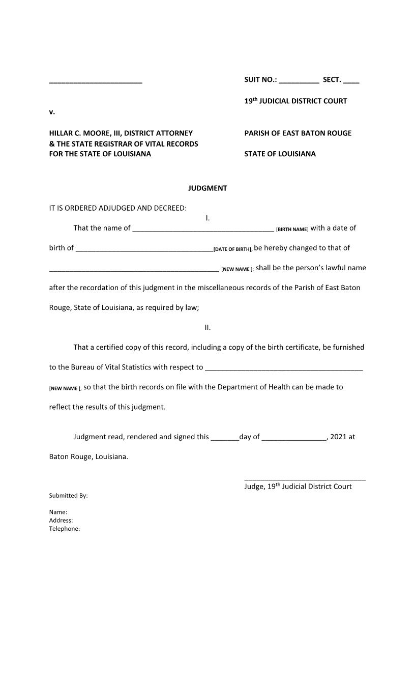 Judgment (Name Change Of Adult) | Pdf Fpdf Docx | Louisiana