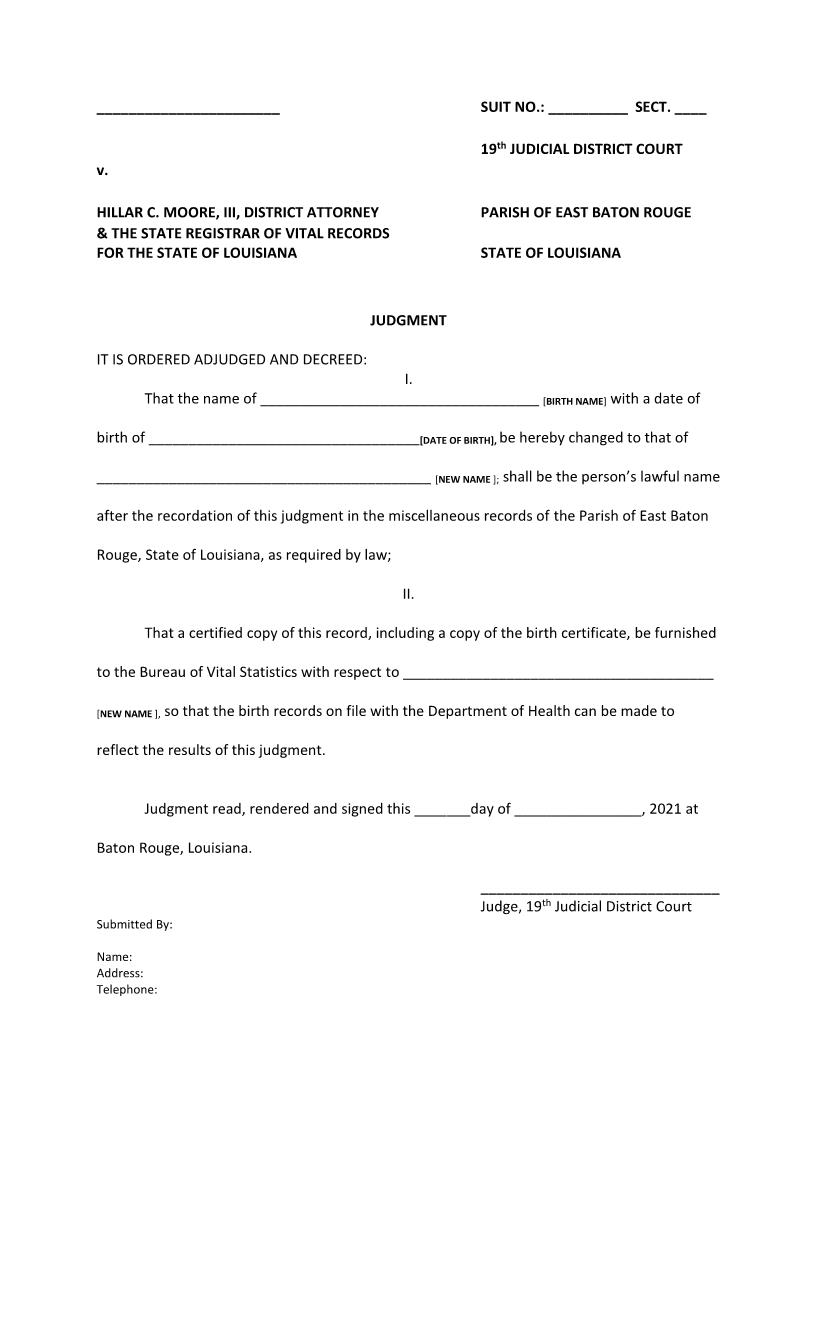 Judgment (Name Change Of Minor) | Pdf Fpdf Docx | Louisiana