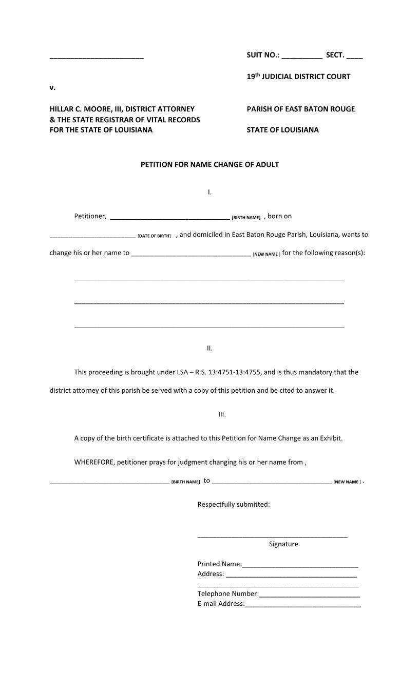 Petition For Name Change Of Adult | Pdf Fpdf Docx | Louisiana