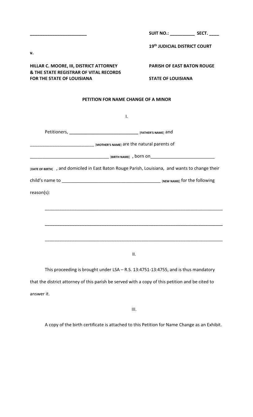 Petition For Name Change Of Minor | Pdf Fpdf Docx | Louisiana