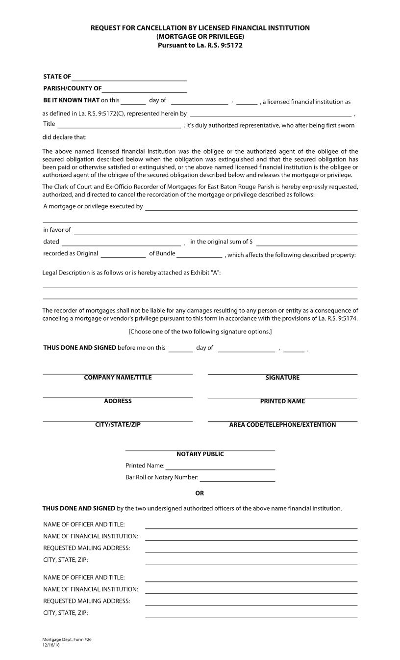 Request For Cancellation By Licensed Financial Institution (Mortgage Or Privilege) {26} | Pdf Fpdf Docx | Louisiana