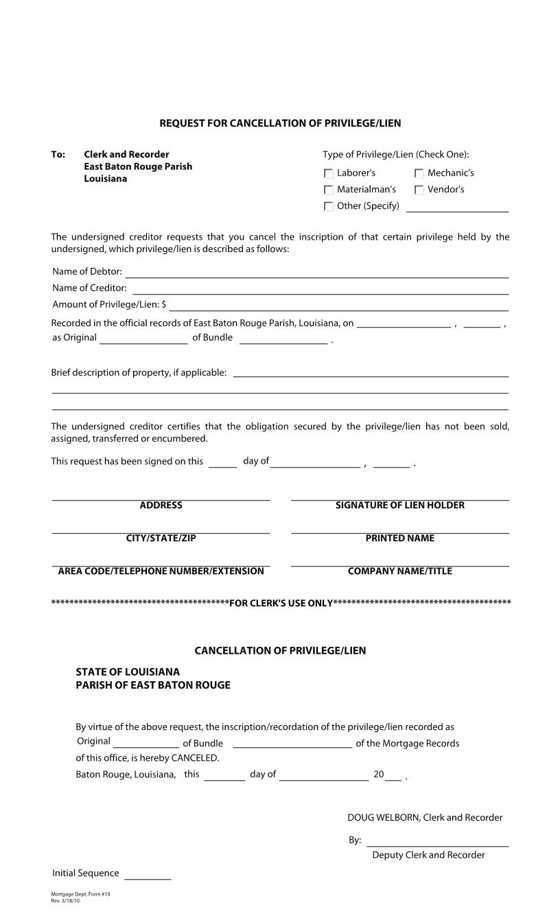 Request For Cancellation Of Privilege-Lien {19} | Pdf Fpdf Docx | Louisiana