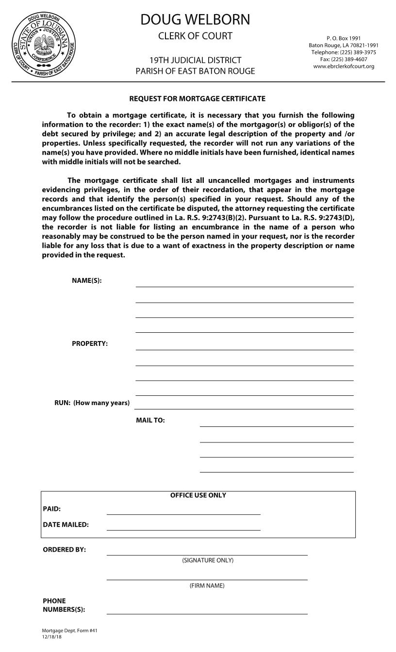 Request For Mortgage Certificate {41} | Pdf Fpdf Docx | Louisiana