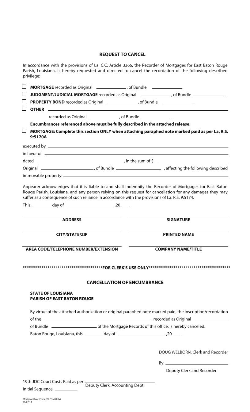 Request to Cancel Mortgage {22} | Pdf Fpdf Docx | Louisiana