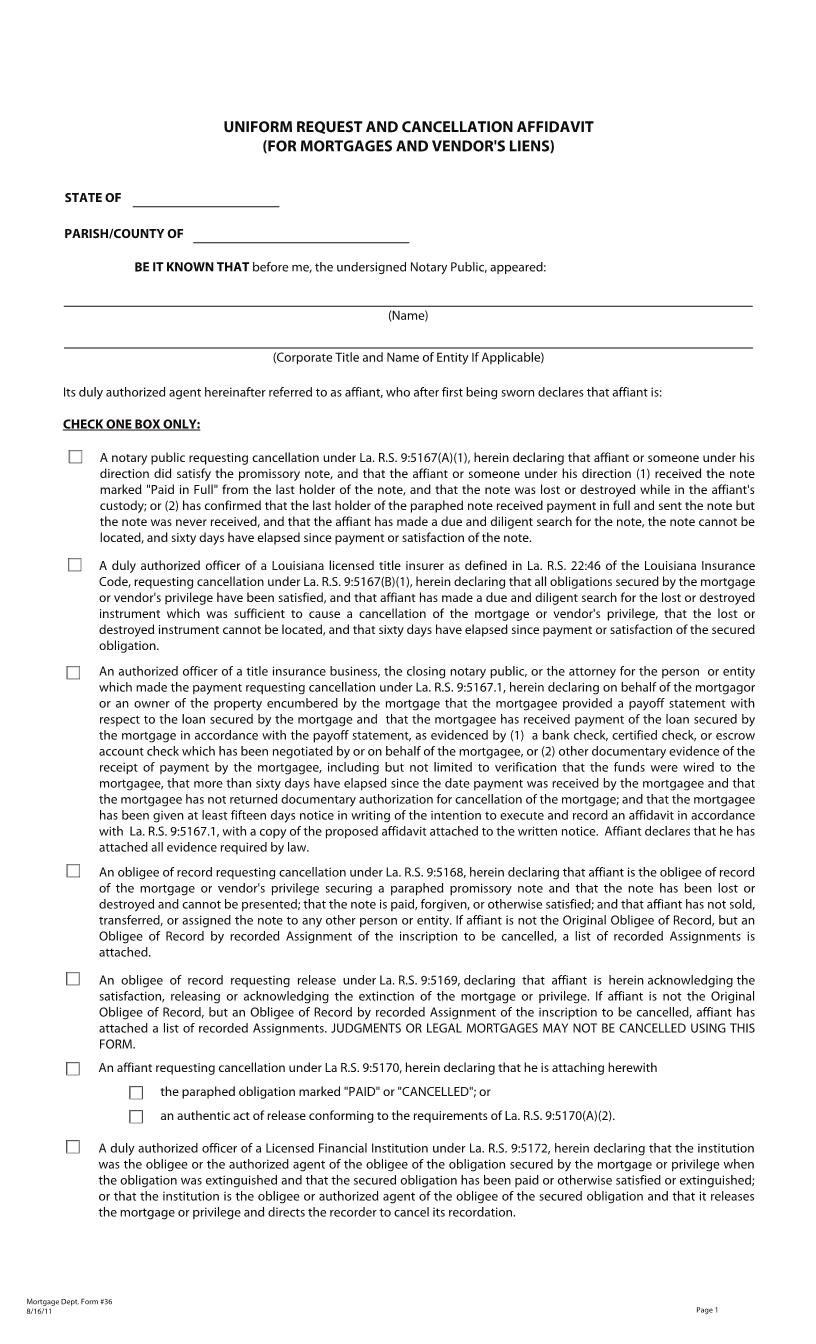 Uniform Request And Cancellation Affidavit (For Mortgages And Vendors Liens) {36} | Pdf Fpdf Docx | Louisiana
