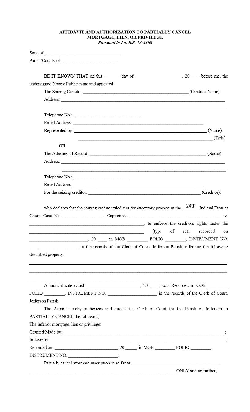 Affidavit And Authorization Partially Cancel Mortgage Lien Privilege (Judicial Sale) | Pdf Fpdf Docx | Louisiana