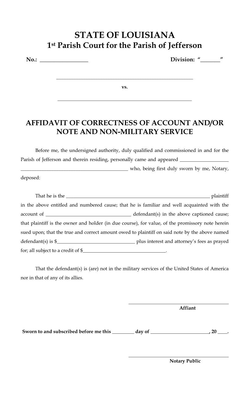 Affidavit Of Correctness Account Non-Military Service (1st Parish Court) | Pdf Fpdf Docx | Louisiana