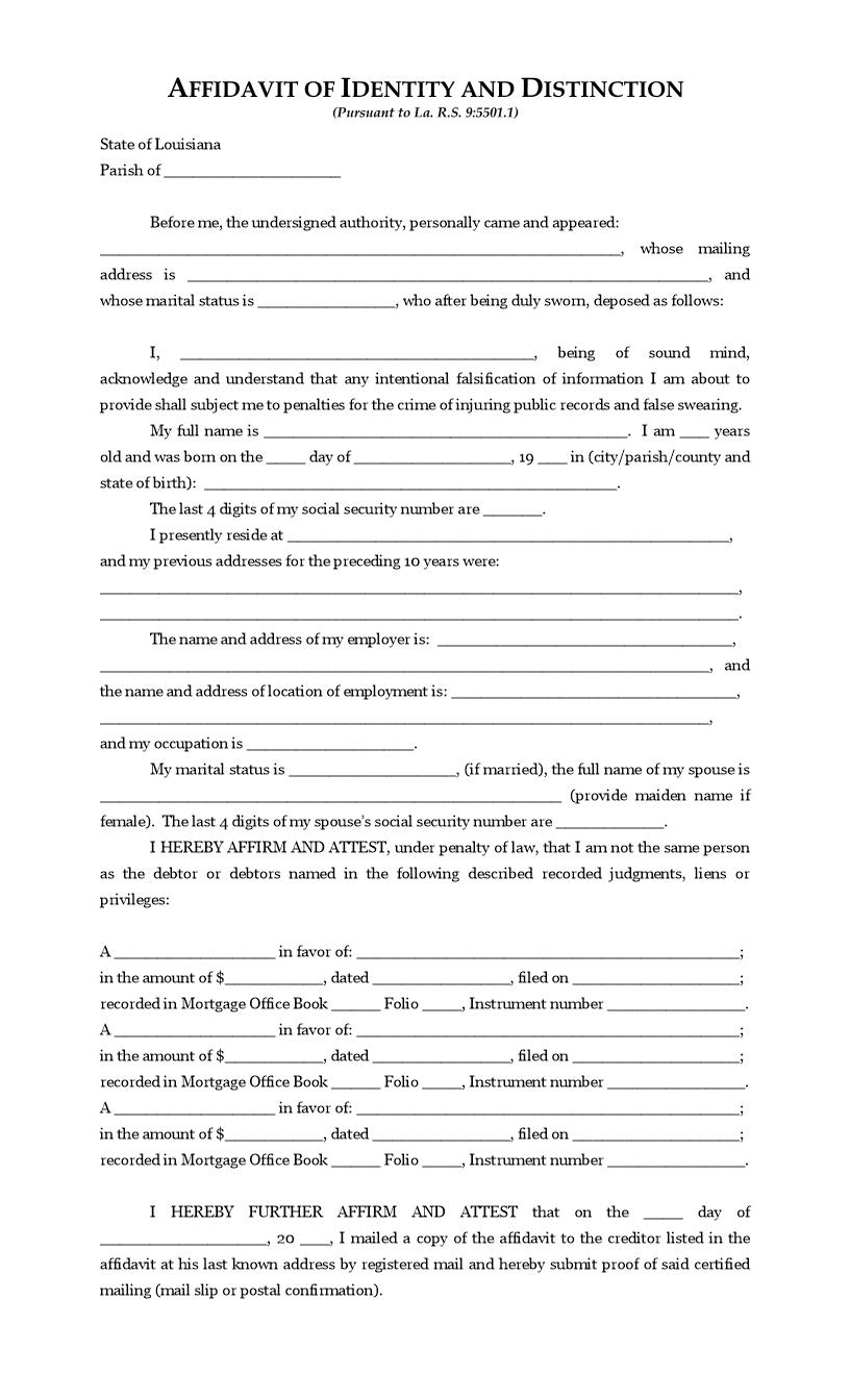 Affidavit Of Identity And Distinction | Pdf Fpdf Docx | Louisiana