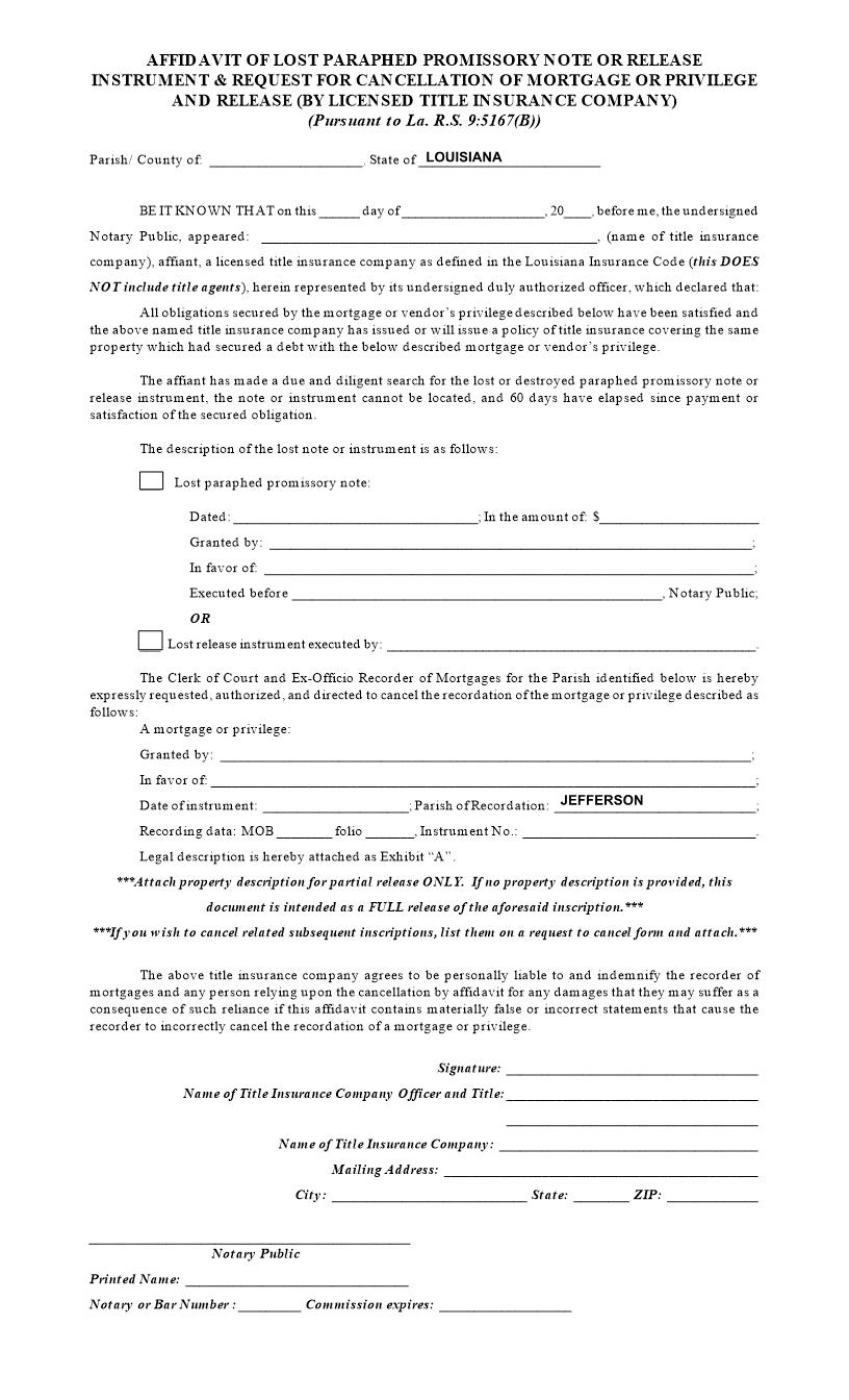 Affidavit Of Lost Note Request For Cancellation Title Insurance Company | Pdf Fpdf Docx | Louisiana