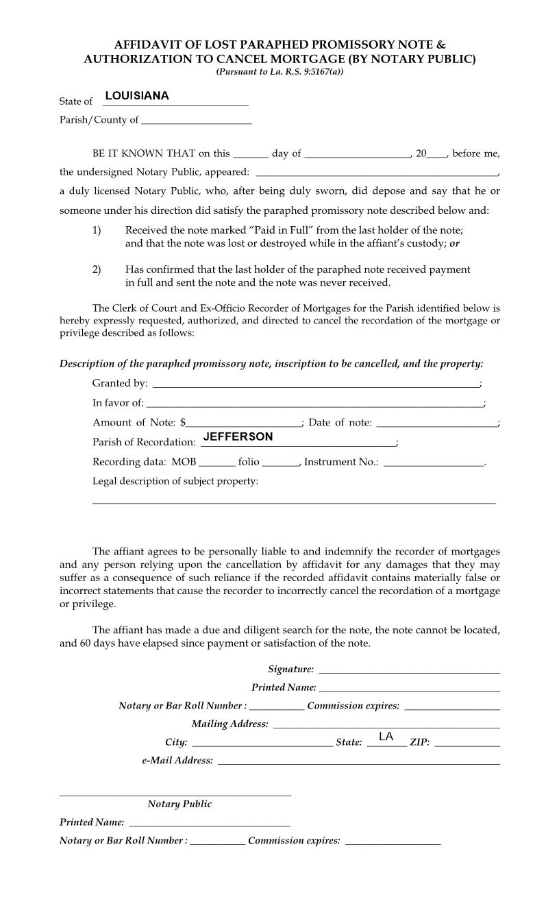 Affidavit Of Lost Paraphed Promissory Note Authorization To Cancel Mortgage (By Notary) | Pdf Fpdf Docx | Louisiana