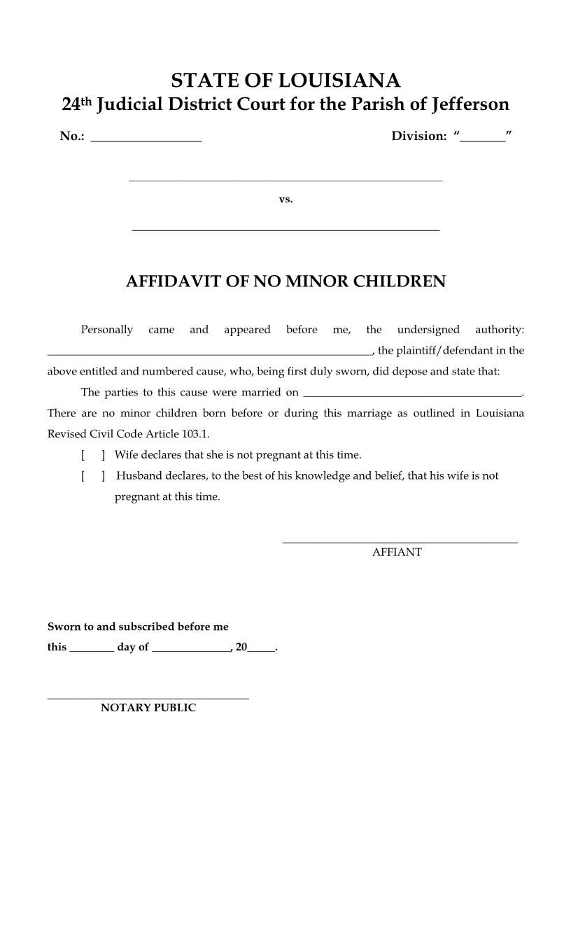 Affidavit Of No Minor Children | Pdf Fpdf Docx | Louisiana