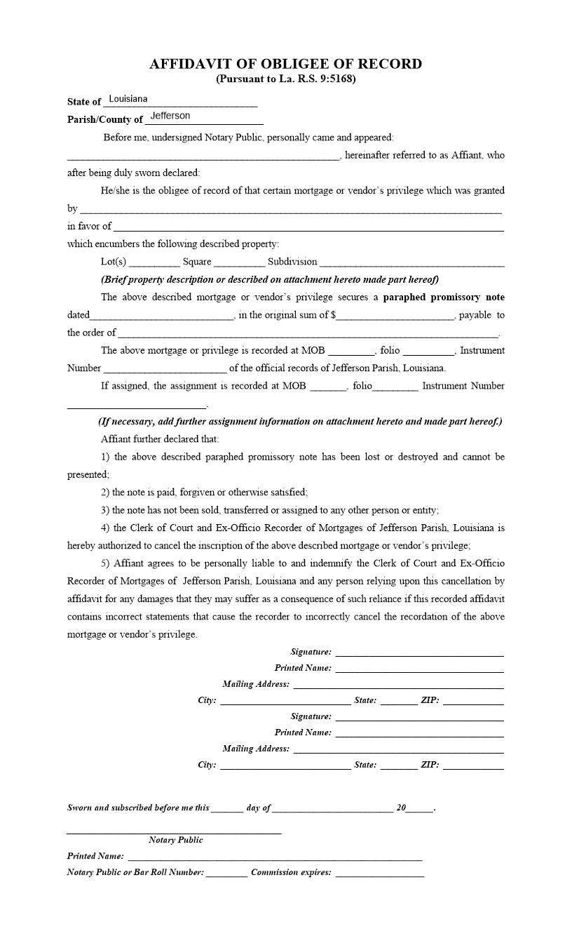 Affidavit Of Obligee Of Record (Lost Note) | Pdf Fpdf Docx | Louisiana