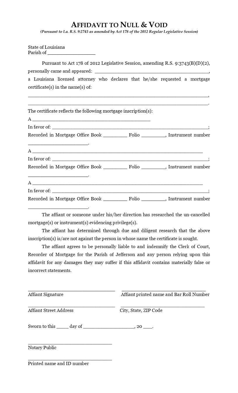 Affidavit To Null And Void | Pdf Fpdf Docx | Louisiana