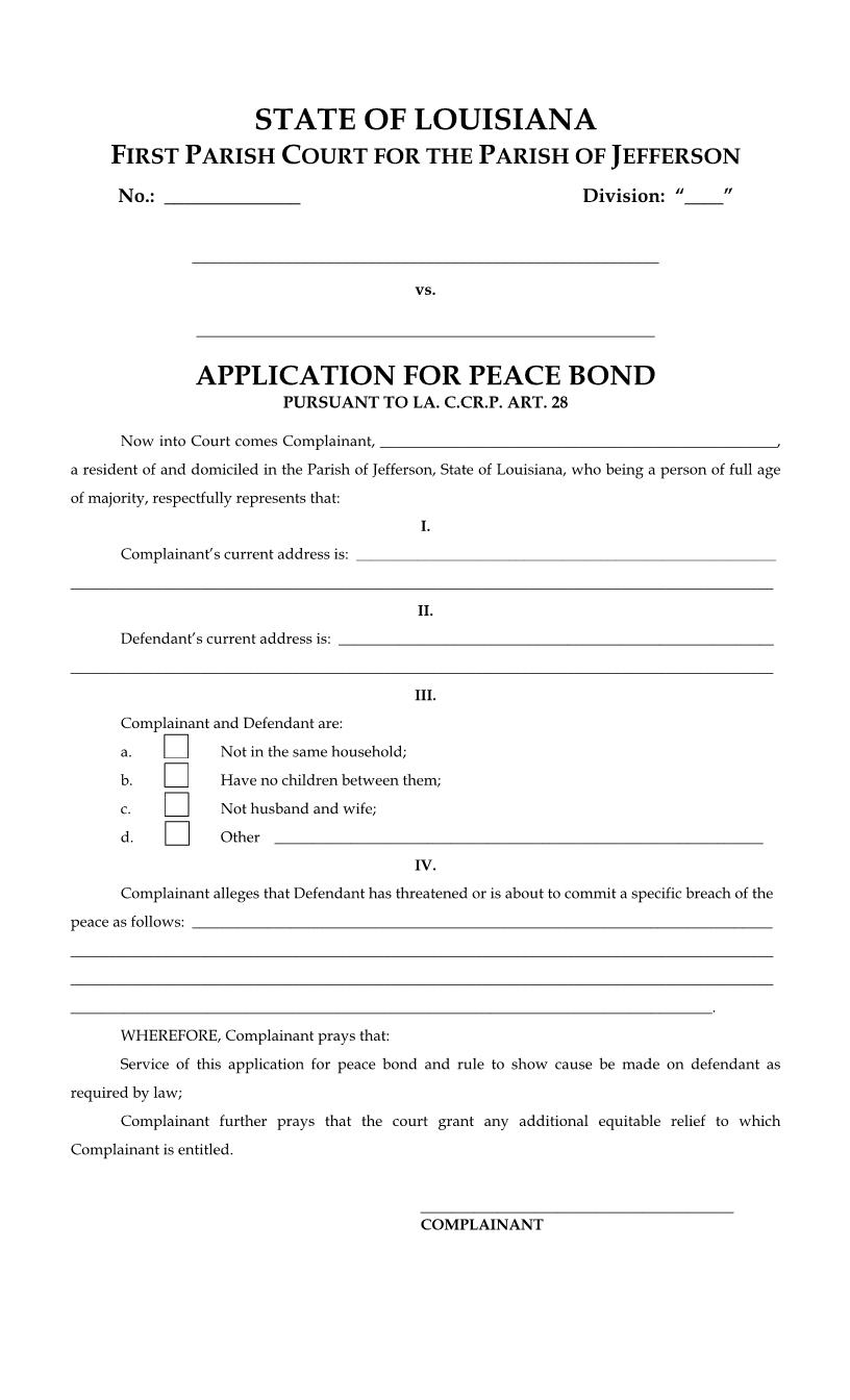 Application For Peace Bond (1st Parish Court) | Pdf Fpdf Docx | Louisiana