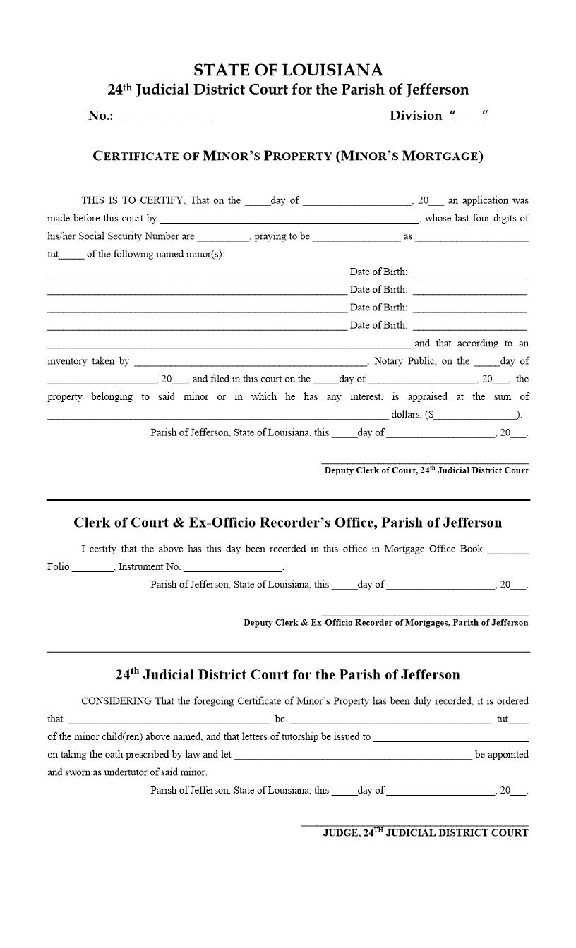 Certificate Of Minors Property (Minors Mortgage) | Pdf Fpdf Docx | Louisiana