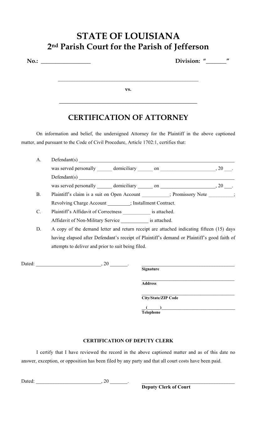Certification Of Attorney (2nd Parish Court) | Pdf Fpdf Docx | Louisiana