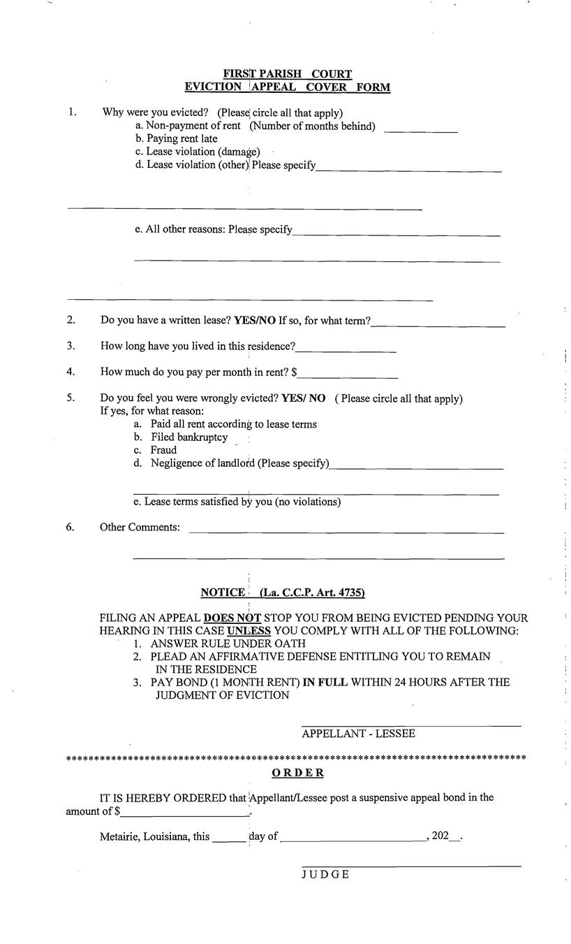 Eviction Appeal Cover Form (1st Parish Court) | Pdf Fpdf Docx | Louisiana