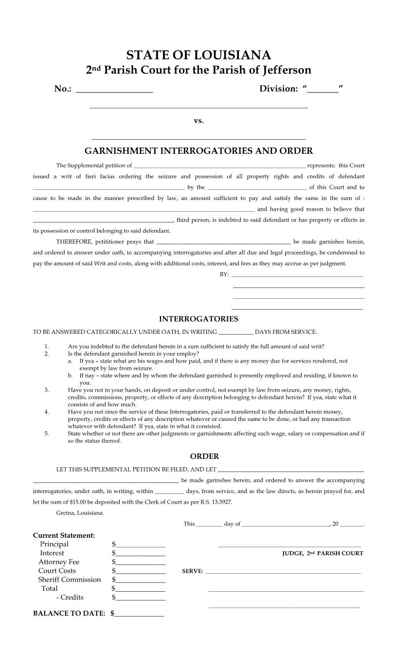 Garnishment Interrogatories And Order (2nd Parish Court) | Pdf Fpdf Docx | Louisiana