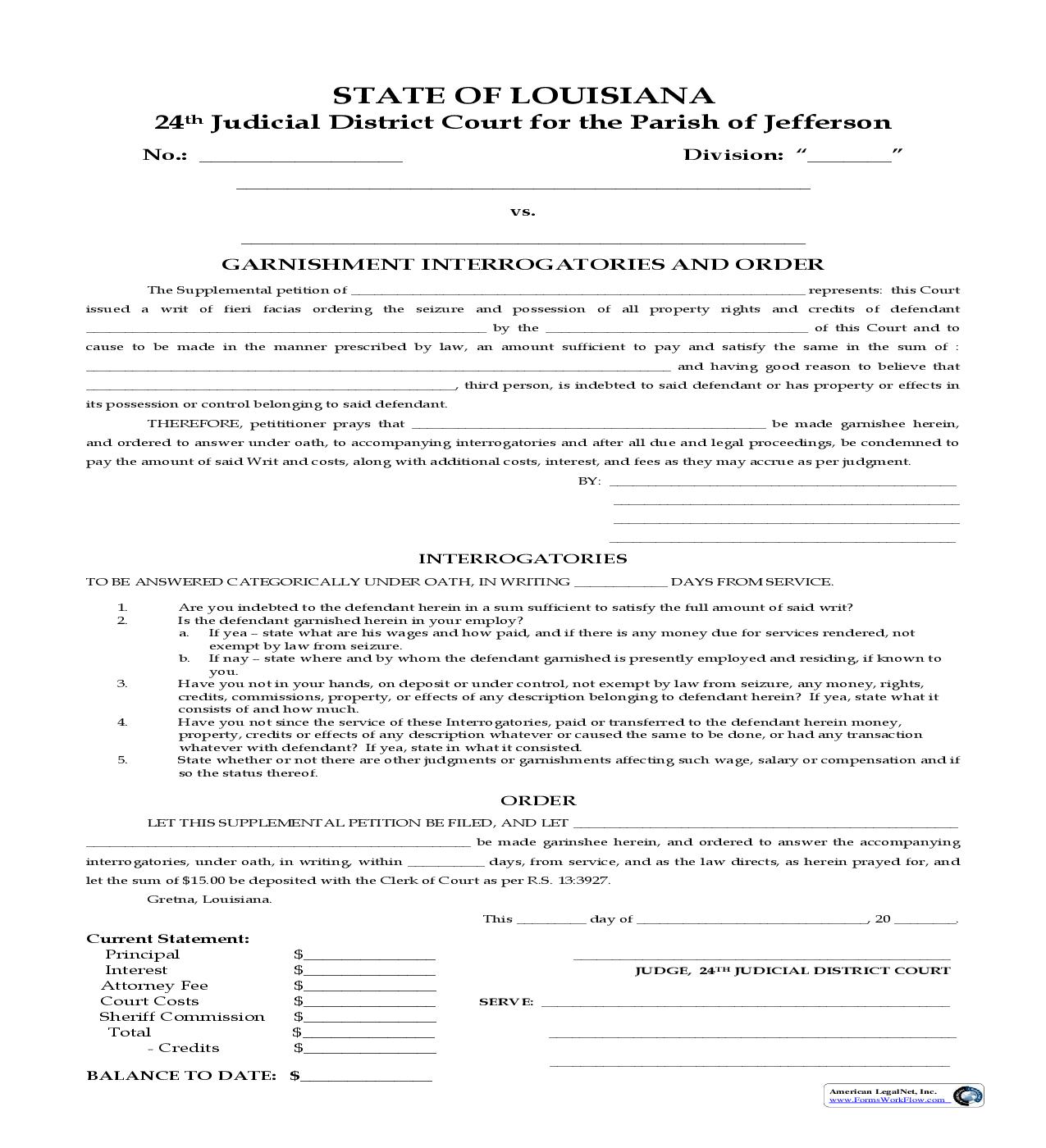 Garnishment Interrogatories And Order | Pdf Fpdf Doc Docx | Louisiana