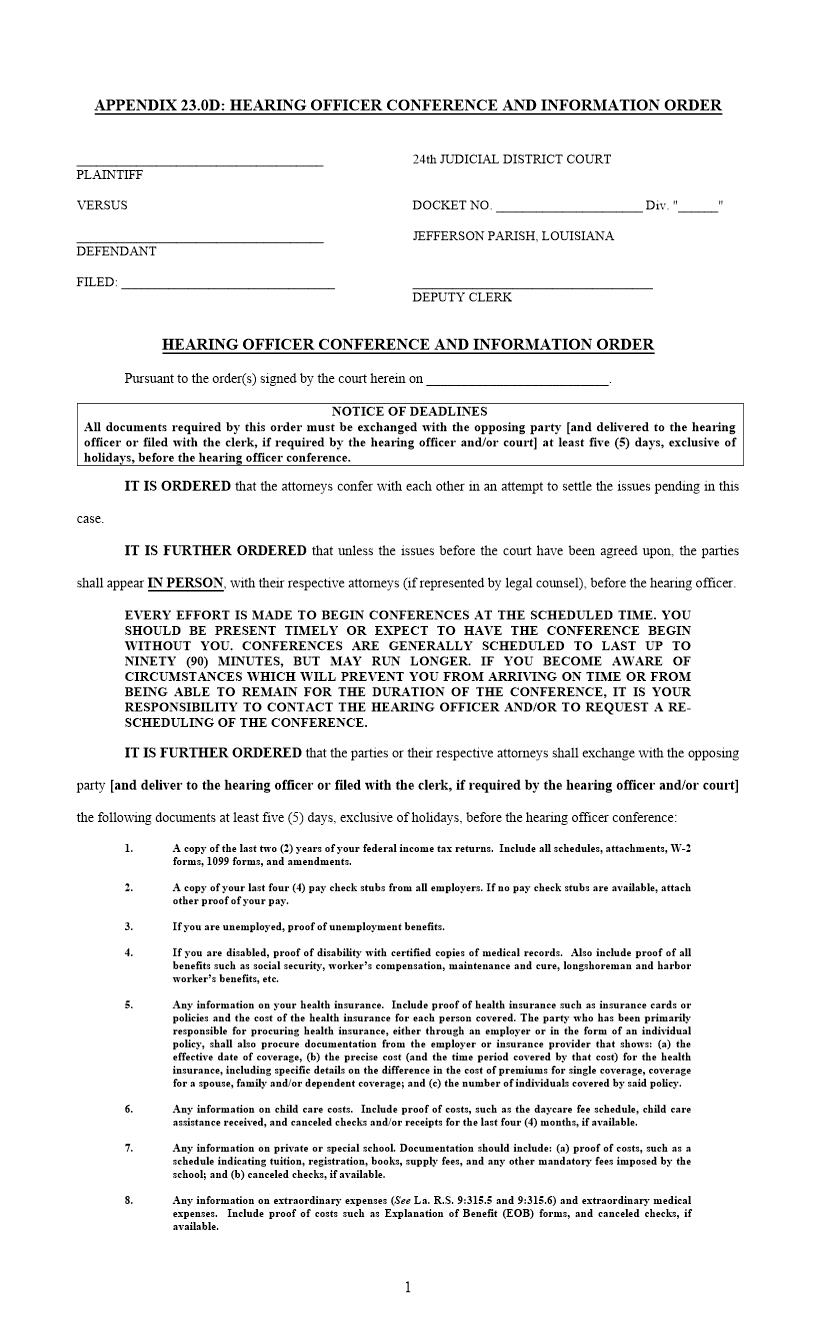 Hearing Officer Conference And Information Order {APPENDIX 23-0D} | Pdf Fpdf Docx | Louisiana