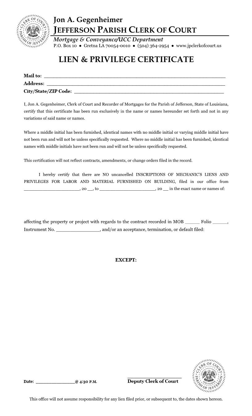 Lien And Privilege Certificate | Pdf Fpdf Docx | Louisiana