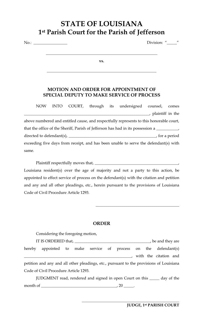 Motion And Order Appointment Special Deputy Service (1st Parish Court) | Pdf Fpdf Docx | Louisiana