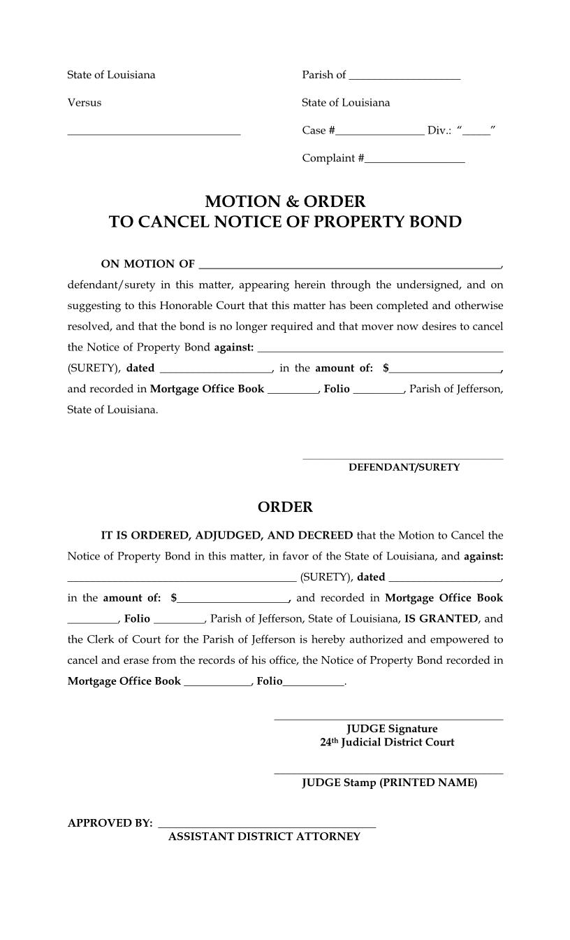 Motion And Order To Cancel Notice Of Property Bond | Pdf Fpdf Docx | Louisiana