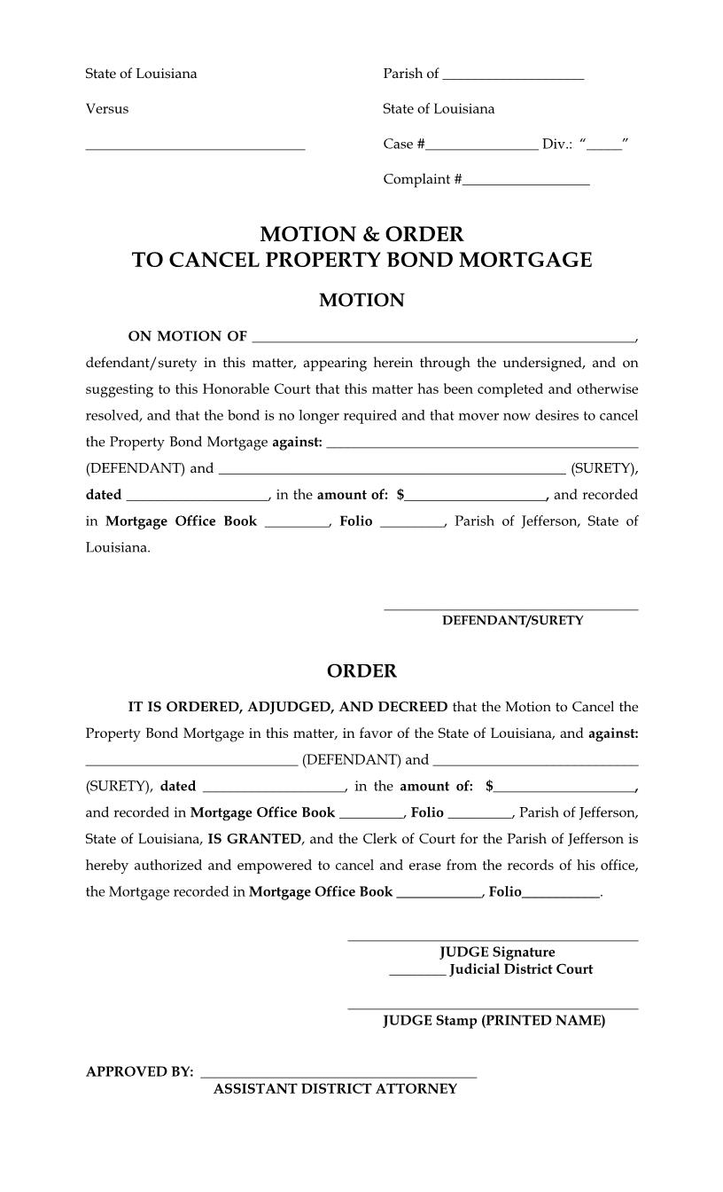 Motion And Order To Cancel Property Bond Mortgage | Pdf Fpdf Docx | Louisiana
