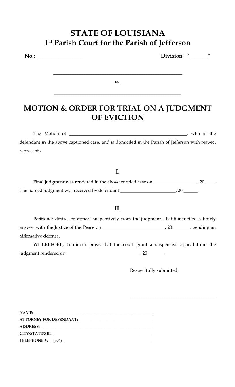 Motion And Order Trial Judgment Of Eviction (1st Parish Court) | Pdf Fpdf Docx | Louisiana