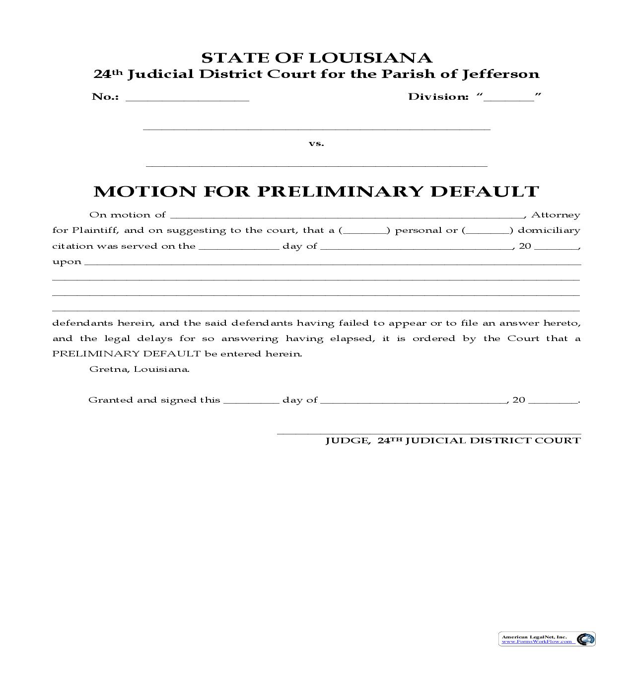 Motion For Preliminary Default | Pdf Fpdf Doc Docx | Louisiana