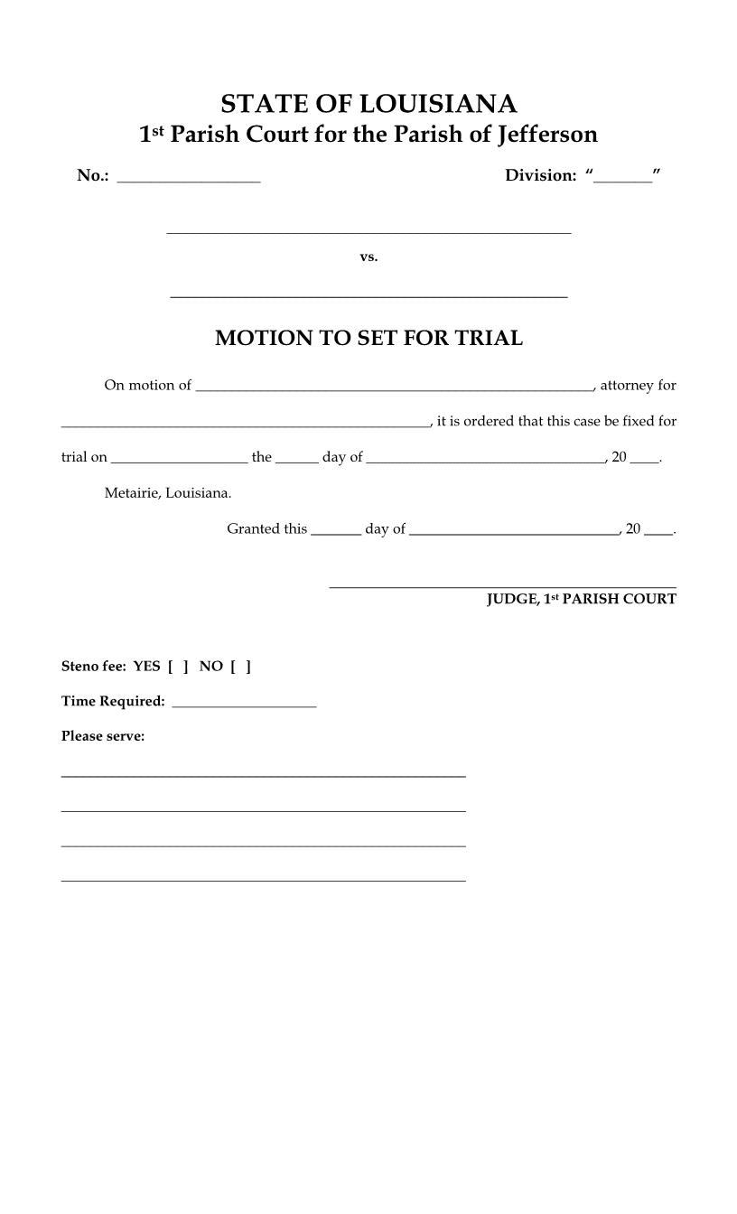Motion To Set For Trial (1st Parish Court) | Pdf Fpdf Docx | Louisiana