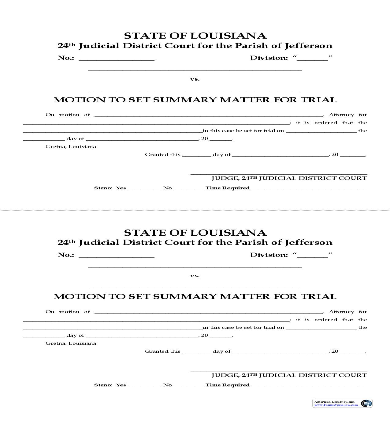 Motion To Set Summary Matter For Trial | Pdf Fpdf Doc Docx | Louisiana