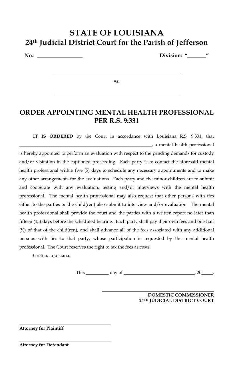 Order Appointing Mental Health Professional (24th Judicial District) | Pdf Fpdf Docx | Louisiana