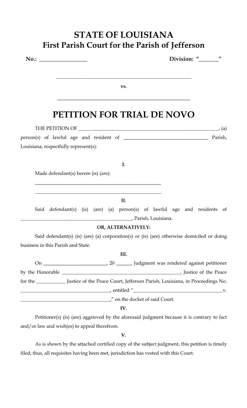 Petition For Trial De Novo (1st Parish Court) | Pdf Fpdf Docx | Louisiana