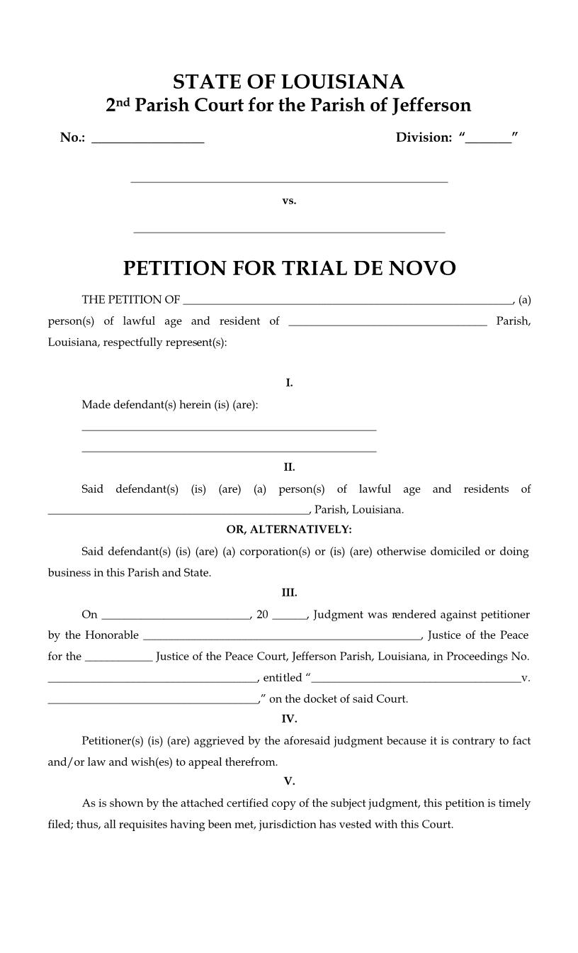 Petition For Trial De Novo (2nd Parish Court) | Pdf Fpdf Docx | Louisiana