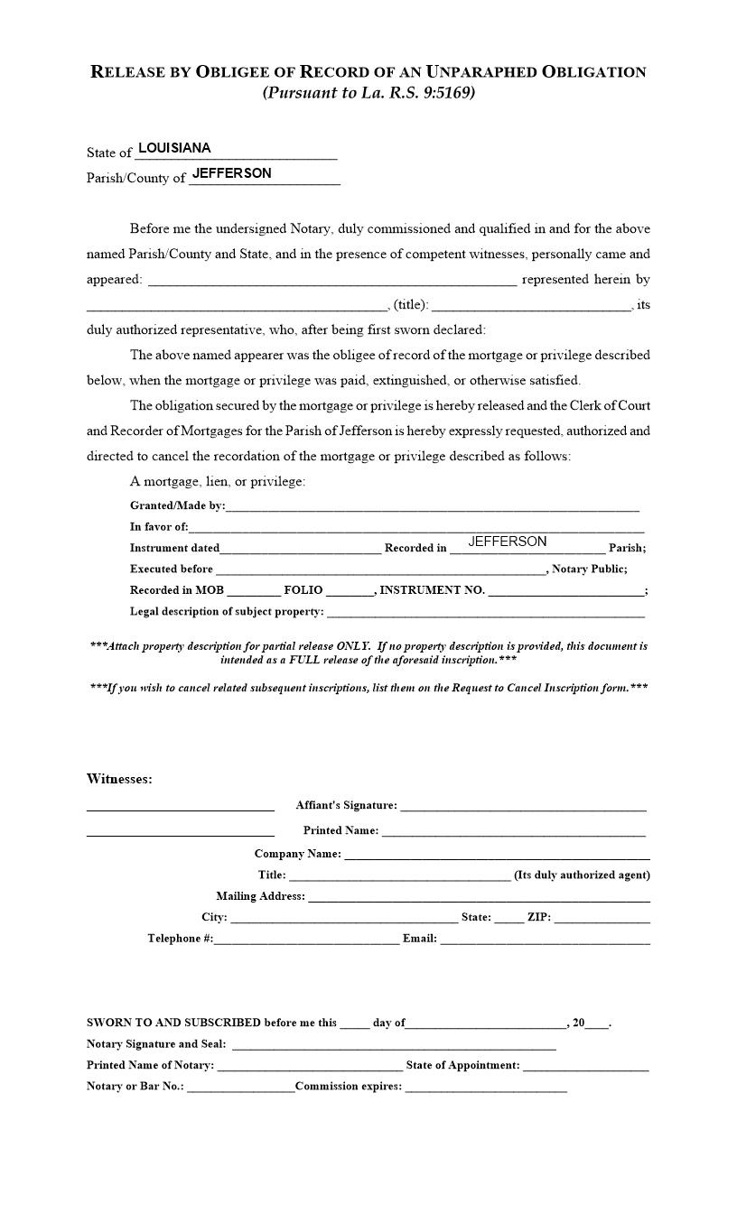 Release By Obligee Of Record Of An Unparaphed Obligation | Pdf Fpdf Docx | Louisiana