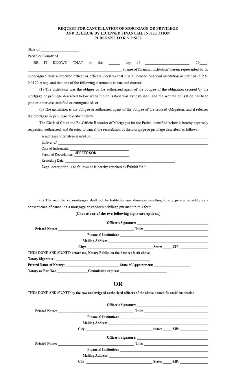 Request For Cancellation Of Mortgage Release By Licensed Financial Institution | Pdf Fpdf Docx | Louisiana