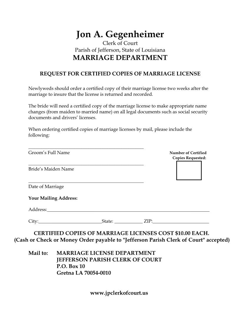 Request For Certified Copy Of Marriage License | Pdf Fpdf Docx | Louisiana