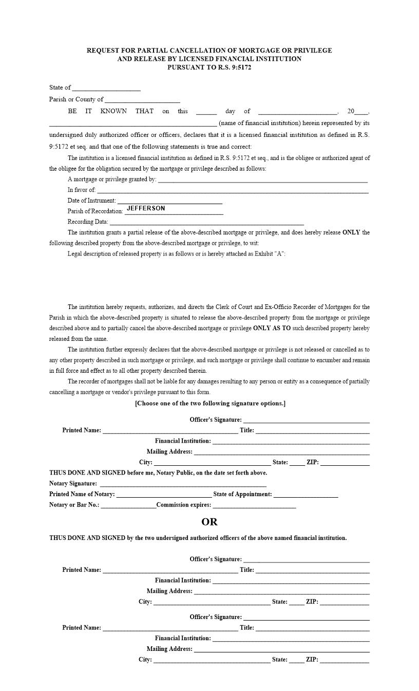 Request For Partial Cancellation Mortgage Release By Licensed Financial Institution | Pdf Fpdf Docx | Louisiana
