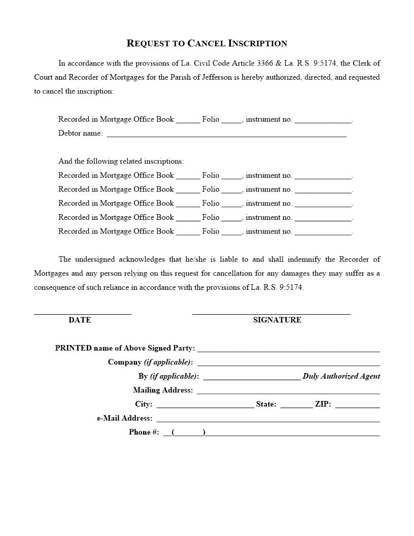 Request To Cancel Inscription(s) | Pdf Fpdf Docx | Louisiana